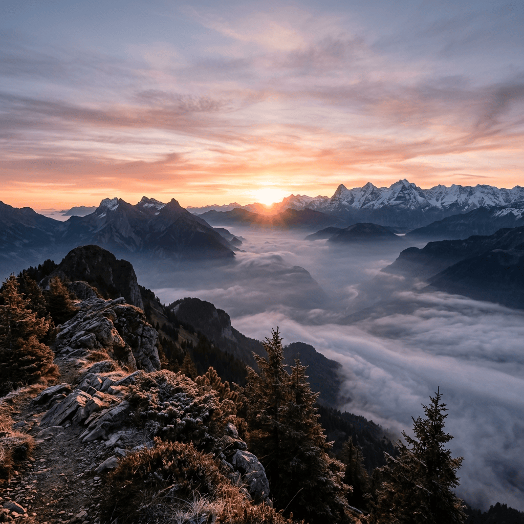 Sunrise over snow-capped mountains and cloud-filled alpine valleys